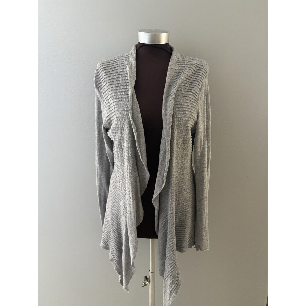 Eileen Fisher Open Cardigan Size L Gray Italian Yarn Waterfall Asymmetric Ribbed